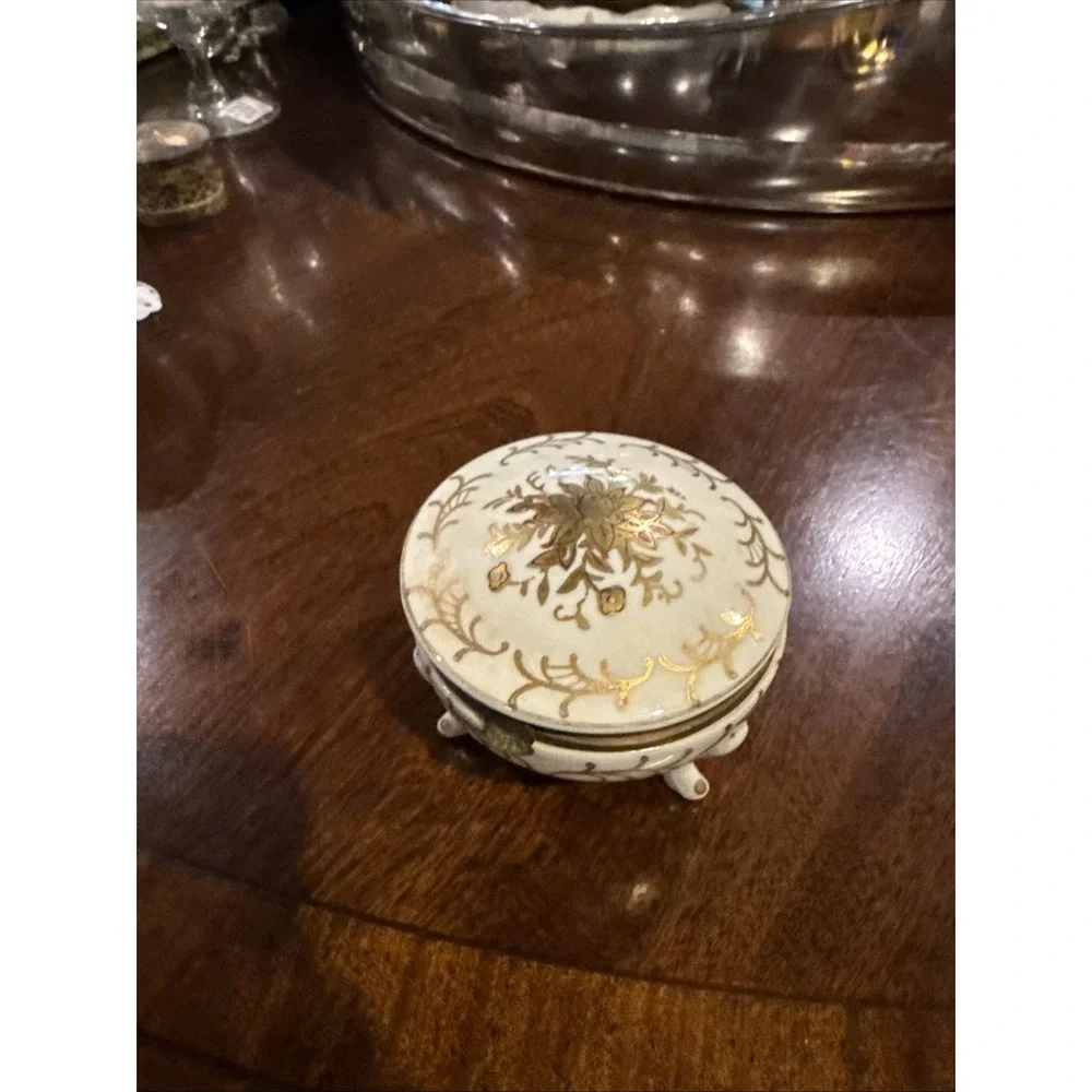 Vintage Circular Footed Gold Floral Design Trinket Dish with Hinged Lid